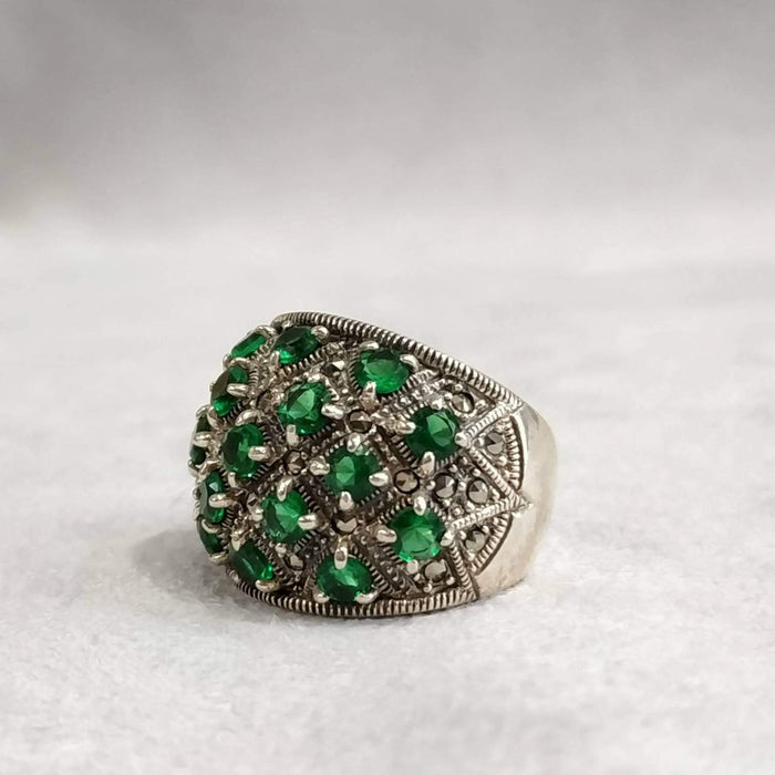 Art Deco Dots Ring Silver Emerald Green Marcasite - The Hirst Collection