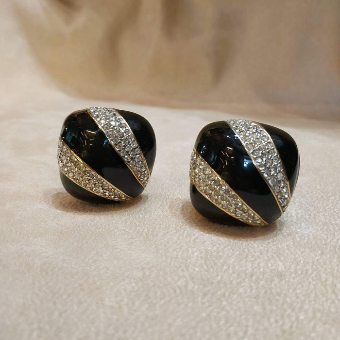 Black Enamel Ciner Clip On Earrings - The Hirst Collection