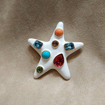 Kenneth Jay Lane Starfish Brooch White Enamel Coral Turquiose Large Statement - The Hirst Collection