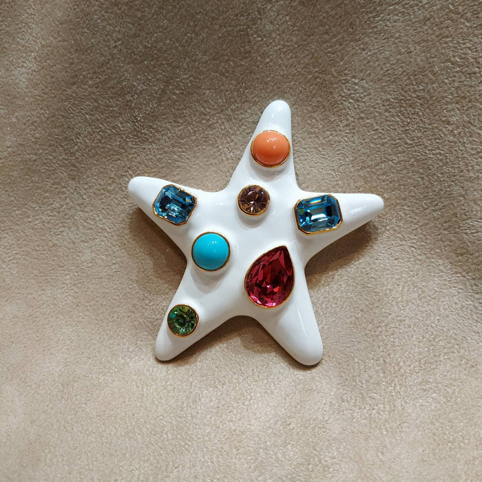 Kenneth Jay Lane Starfish Brooch White Enamel Coral Turquiose Large Statement - The Hirst Collection
