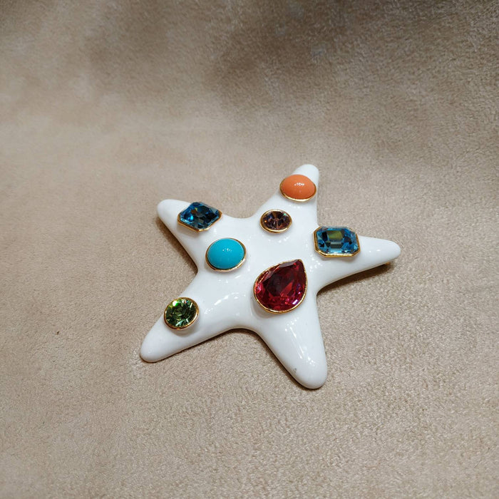Kenneth Jay Lane Starfish Brooch White Enamel Coral Turquiose Large Statement - The Hirst Collection