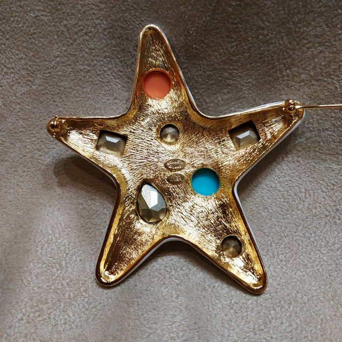 Kenneth Jay Lane Starfish Brooch White Enamel Coral Turquiose Large Statement - The Hirst Collection