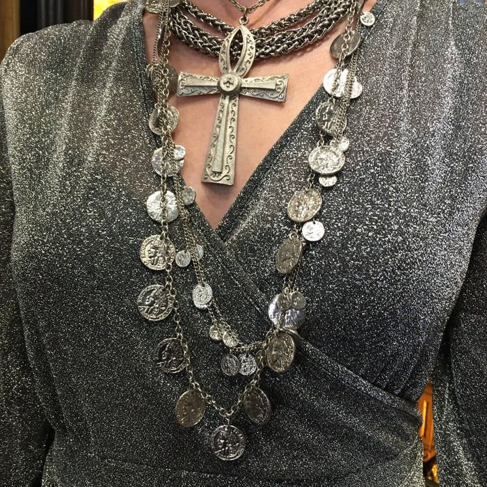 Coin necklace multi silver tone strand - The Hirst Collection