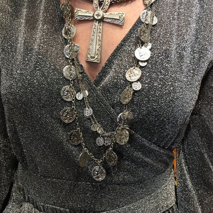 Coin necklace multi silver tone strand - The Hirst Collection