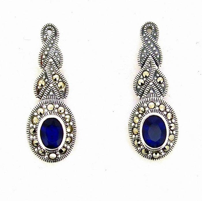 Silver Marcasite Sapphire Earrings Oval Blue Crystal - The Hirst Collection