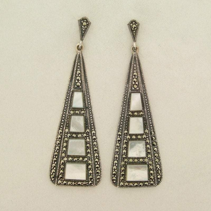 Art Deco Earrings Silver Marcasite Mother of Pearl - The Hirst Collection