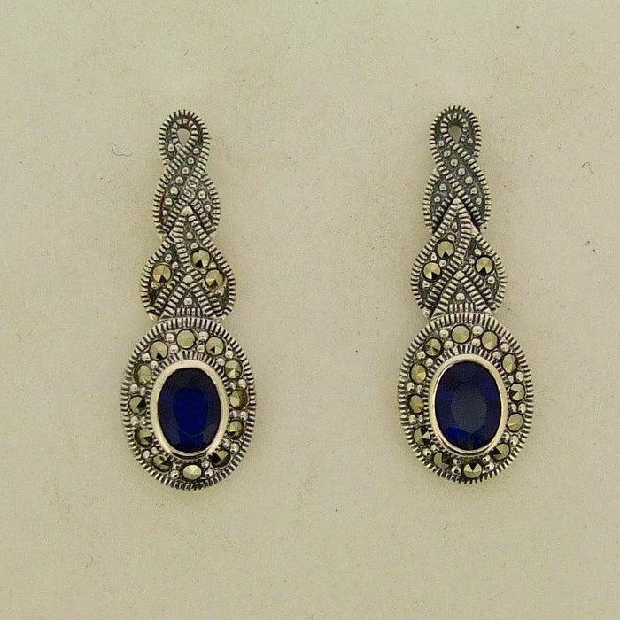Silver Marcasite Sapphire Earrings Oval Blue Crystal - The Hirst Collection