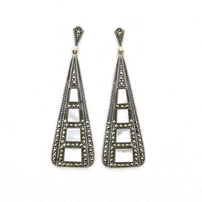 Art Deco Earrings Silver Marcasite Mother of Pearl - The Hirst Collection