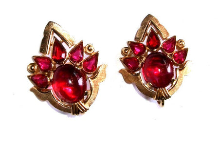 Vintage Trifari Earrings Jewels Of India Ruby Glass Clip On1965 - The Hirst Collection
