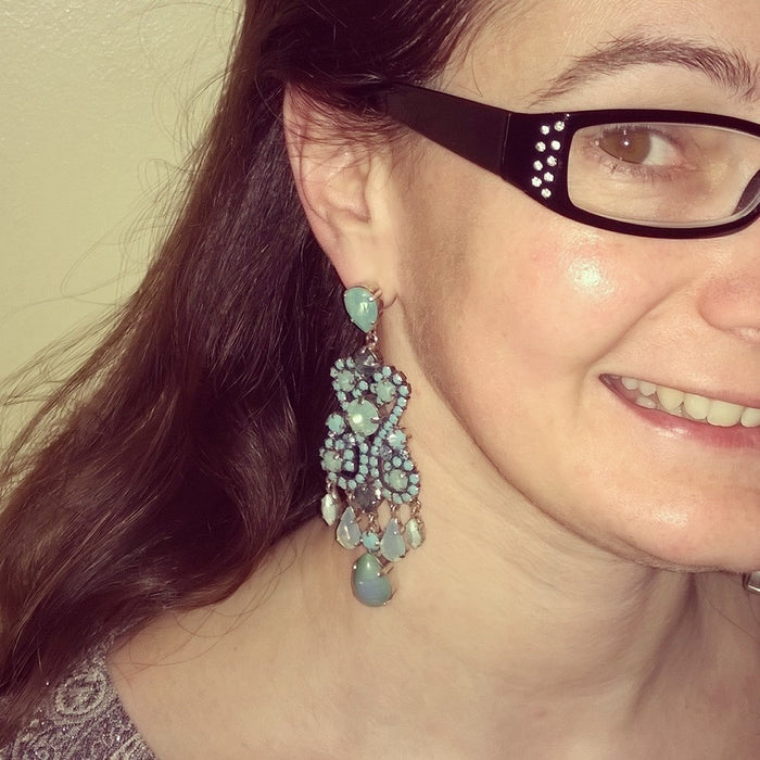 Turquoise Earrings Blue Glass and Crystal Chandelier Pierced by Frangos - The Hirst Collection