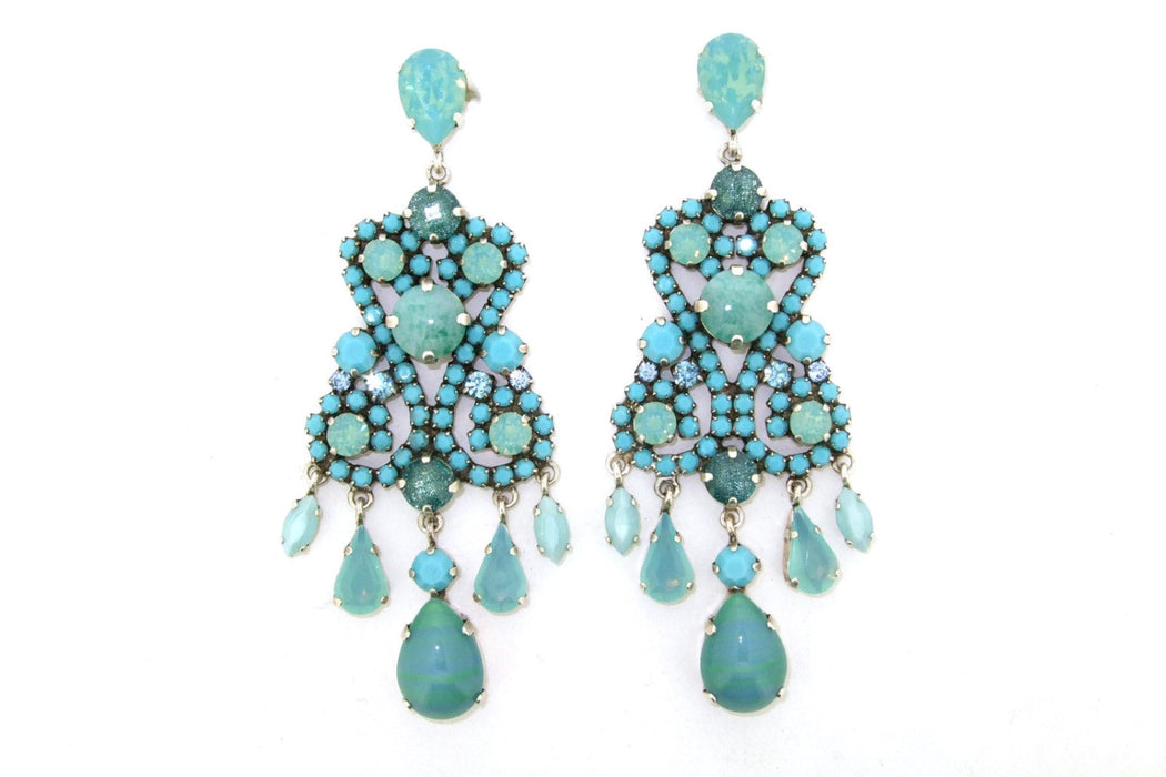 Turquoise Earrings Blue Glass and Crystal Chandelier Pierced by Frangos - The Hirst Collection