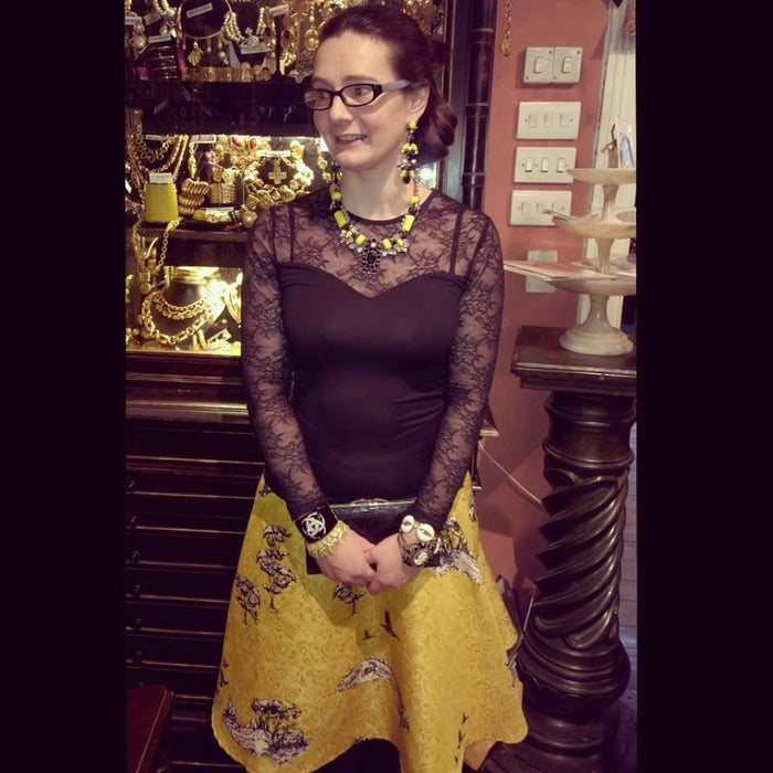 Black and Yellow Glass and Crystal Chandelier Pierced Earrings by Frangos - The Hirst Collection