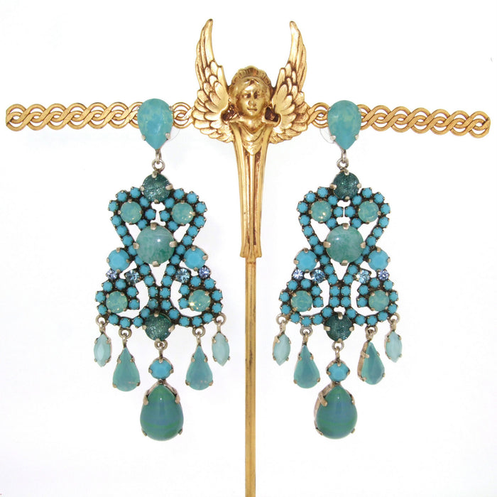 Turquoise Earrings Blue Glass and Crystal Chandelier Pierced by Frangos - The Hirst Collection