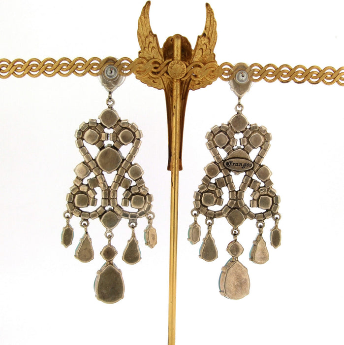 Turquoise Earrings Blue Glass and Crystal Chandelier Pierced by Frangos - The Hirst Collection