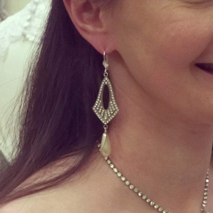 Art Deco Pearl Drop Hoop Earrings Vintage Bride  Wedding - The Hirst Collection