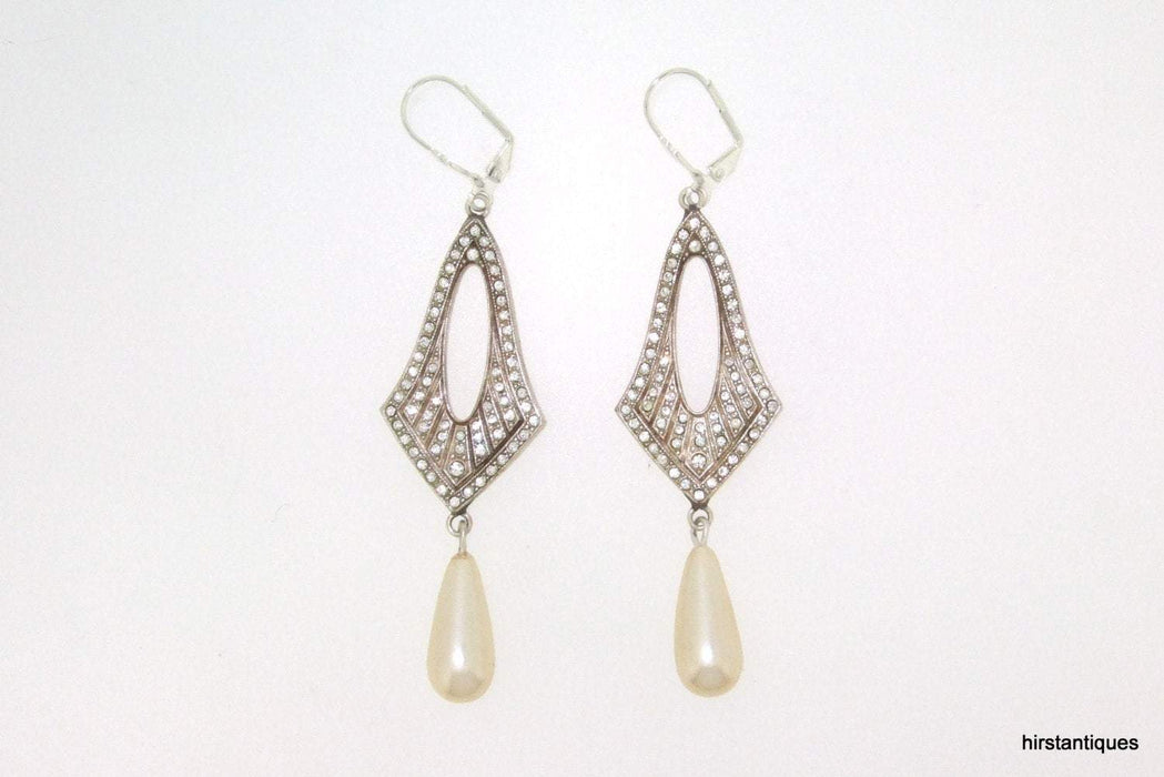 Art Deco Pearl Drop Hoop Earrings Vintage Bride  Wedding - The Hirst Collection