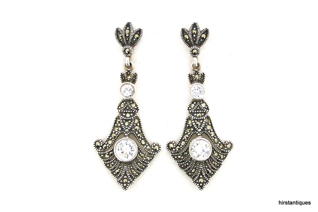 Crystal Spear Drop Silver Marcasite Earrings - The Hirst Collection