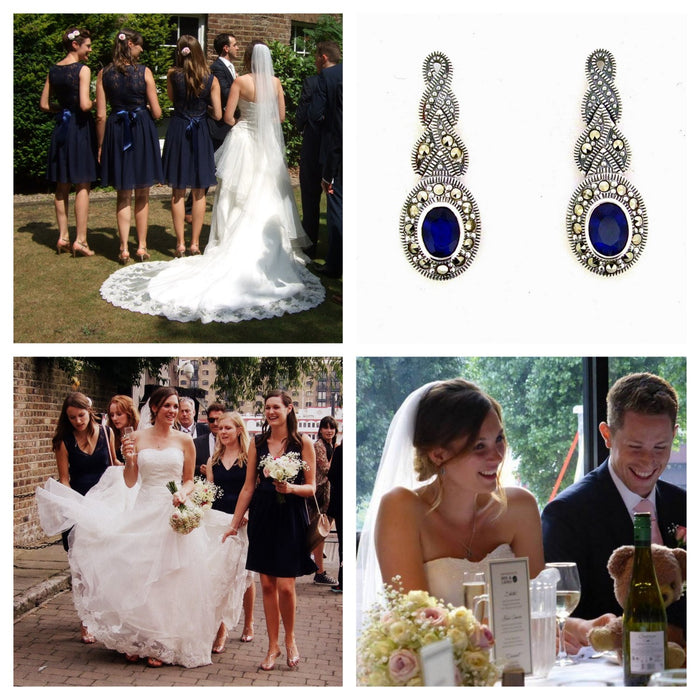 Silver Marcasite Sapphire Earrings Oval Blue Crystal - The Hirst Collection