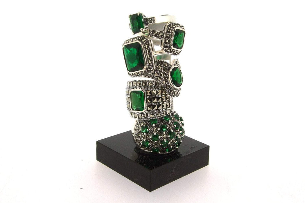 Art Deco Ring Silver Emerald Green Marcasite wishbone - The Hirst Collection