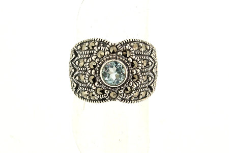 Blue Topaz Spiraled Silver Marcasite Ring - The Hirst Collection