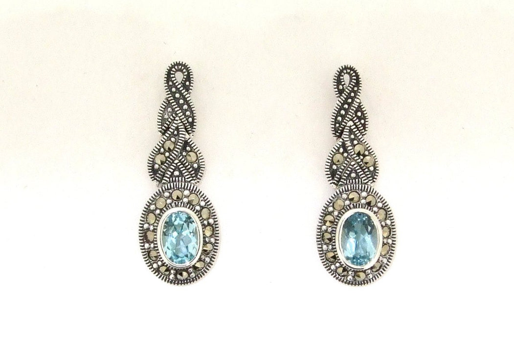 Silver Marcasite Earrings Oval Blue Topaz Crystal Bridal Bridesmaid  Wedding - The Hirst Collection