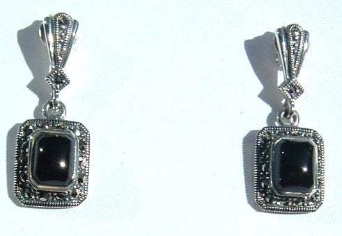 Art Deco Earrings Black Onyx Silver Marcasite - The Hirst Collection