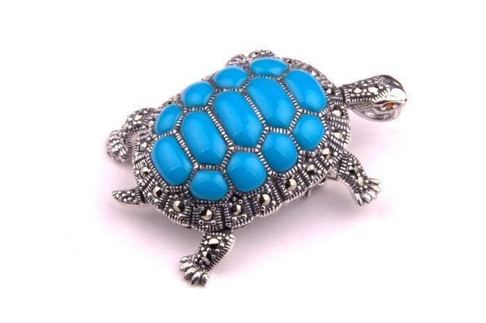 Turquoise Tortoise Brooch Silver Marcasite - The Hirst Collection