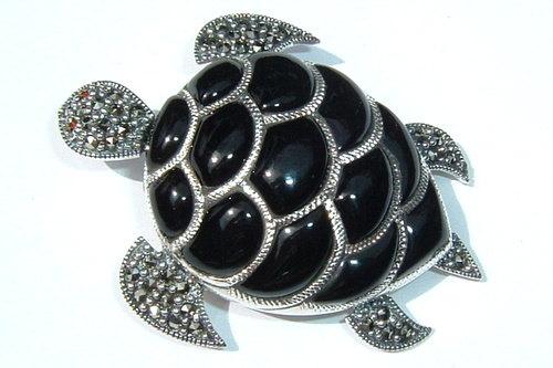 Black Turtle Onyx Brooch Silver Marcasite - The Hirst Collection