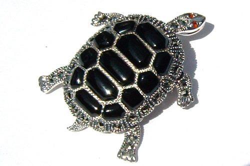 Tortoise Brooch Silver Marcasite Turtle Pendant - The Hirst Collection