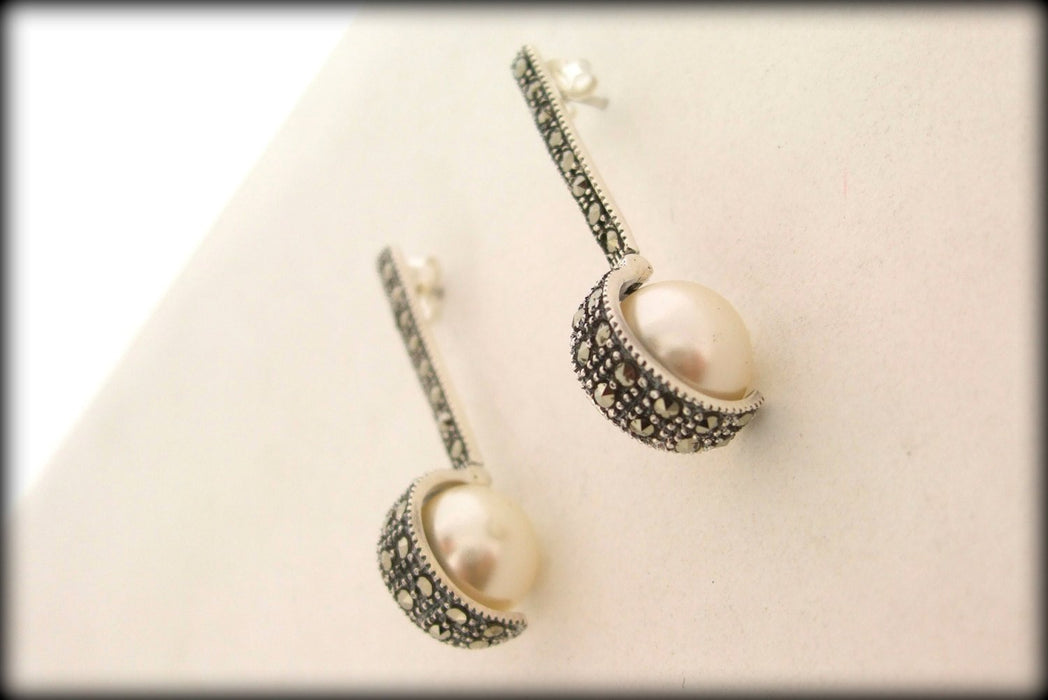 Art Deco style pearl ball  Silver Marcasite Earrings - The Hirst Collection
