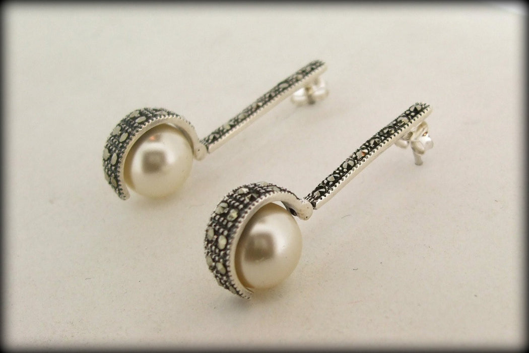 Art Deco style pearl ball  Silver Marcasite Earrings - The Hirst Collection