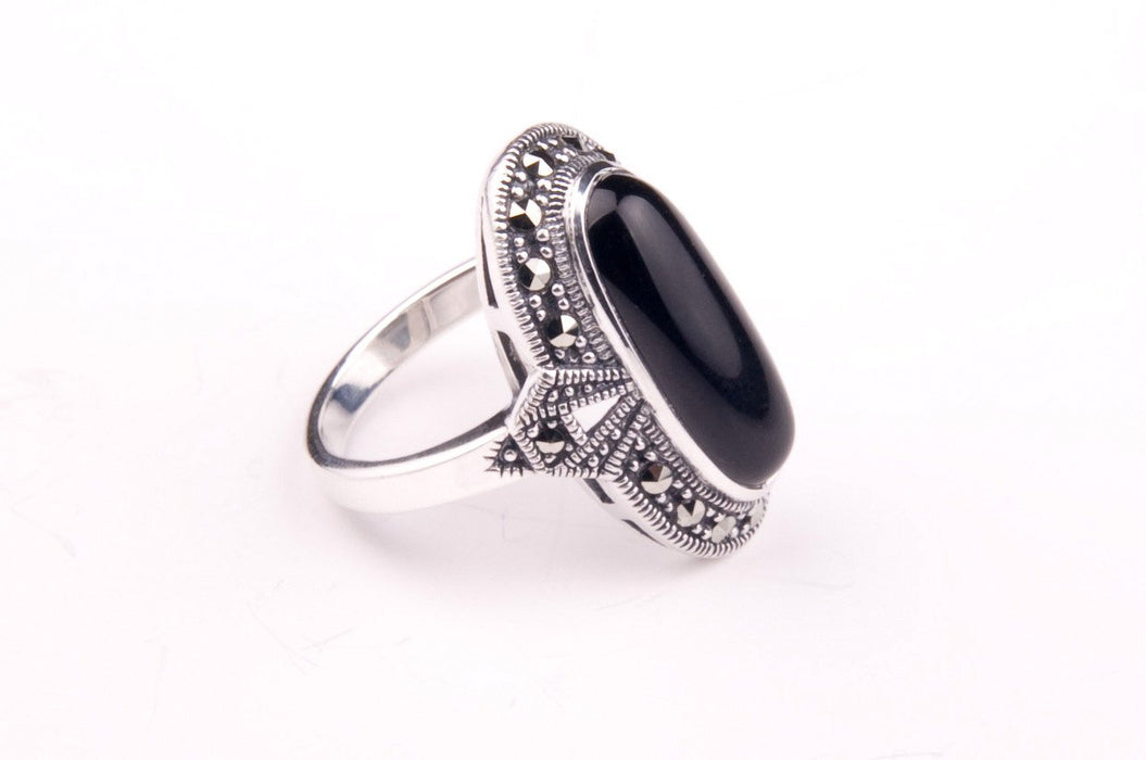 Art Deco Ring Silver Black Marcasite Oval - The Hirst Collection