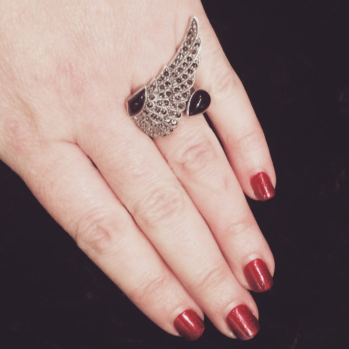 Art Deco Ring Silver Black Marcasite Angel Wing - The Hirst Collection