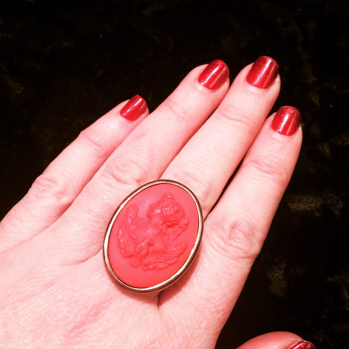 Extasia Cameo Ring Coral German Glass Bronze - The Hirst Collection