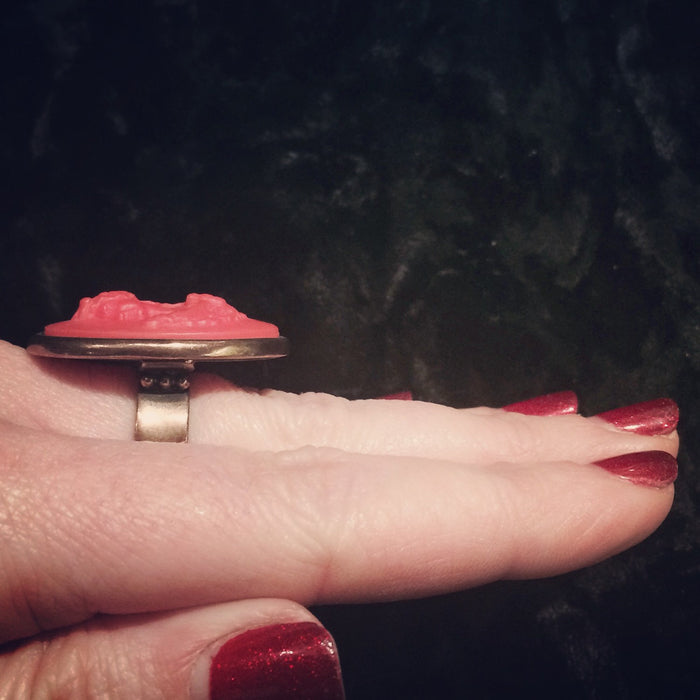 Extasia Cameo Ring Coral German Glass Bronze - The Hirst Collection