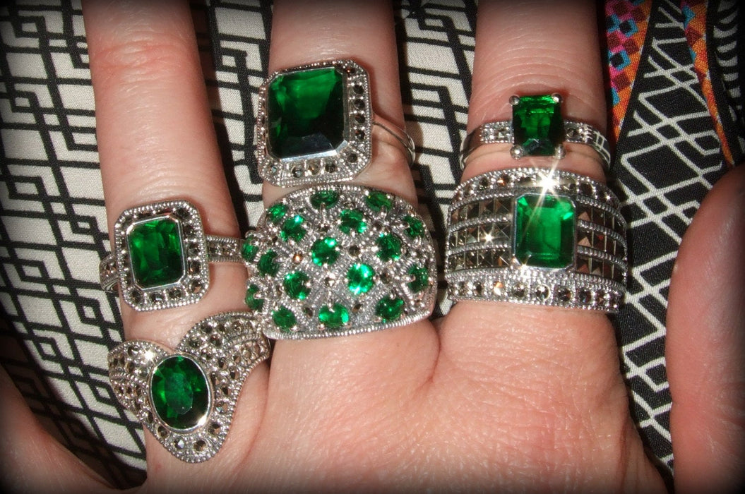 The Countess Solitaire Ring in Silver Emerald Green - The Hirst Collection