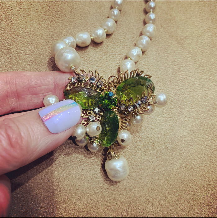 Miriam Haskell Vintage Necklace Pearl Green Glass - The Hirst Collection