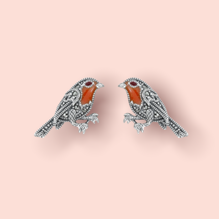 Robin earrings silver Marcasite enamel
