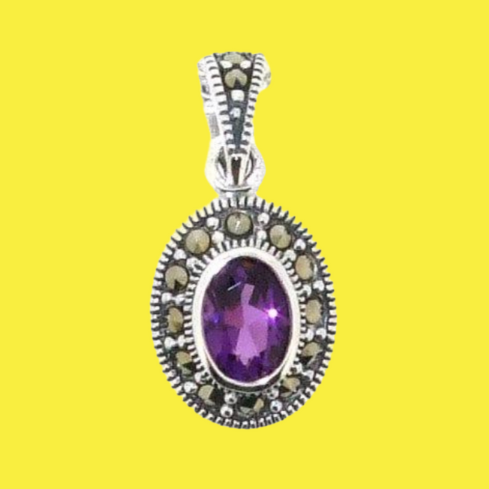 Amethyst Purple Pendant Necklace Silver Marcasite on chain - The Hirst Collection