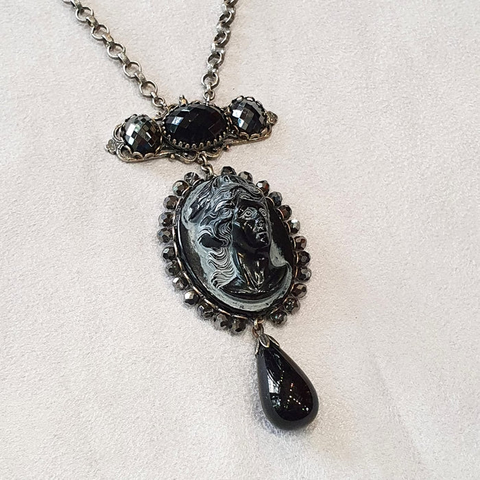 Askew London Black Glass Cameo pendant necklace  Silver Chain Signed - The Hirst Collection