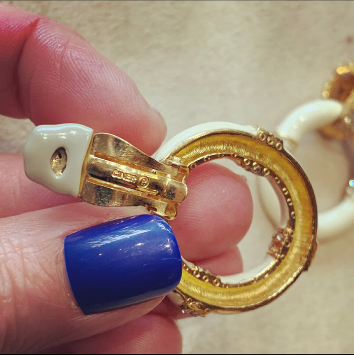 Ciner White enamel hoop clip on earrings - The Hirst Collection