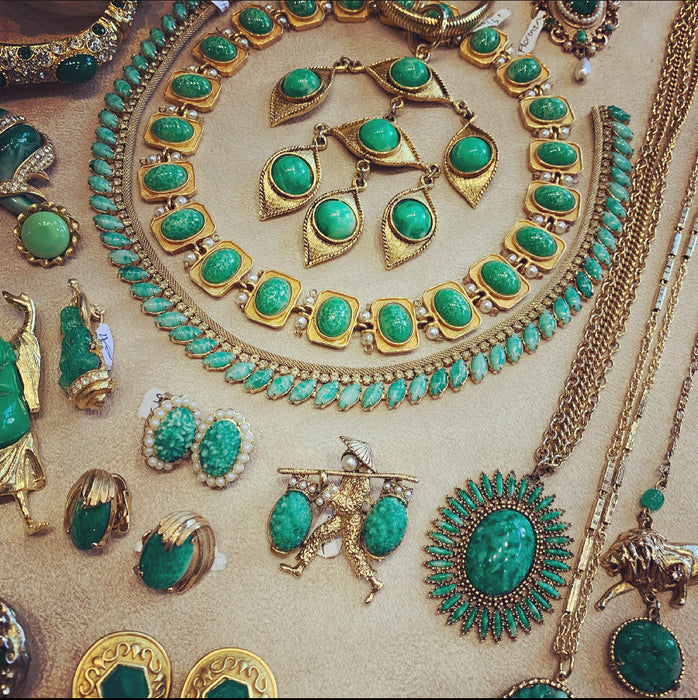 Trifari Vintage Jade glass clip on oval earrings - The Hirst Collection