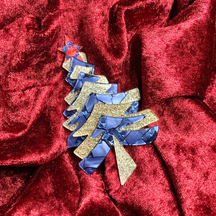 Lea Stein Christmas tree brooch in silver and blue - The Hirst Collection