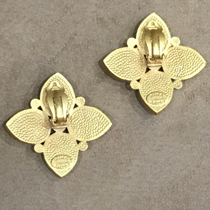 Rima Ariss London Green Yellow Foiled Glass Gold Plated Statement Clip On Earrings - The Hirst Collection