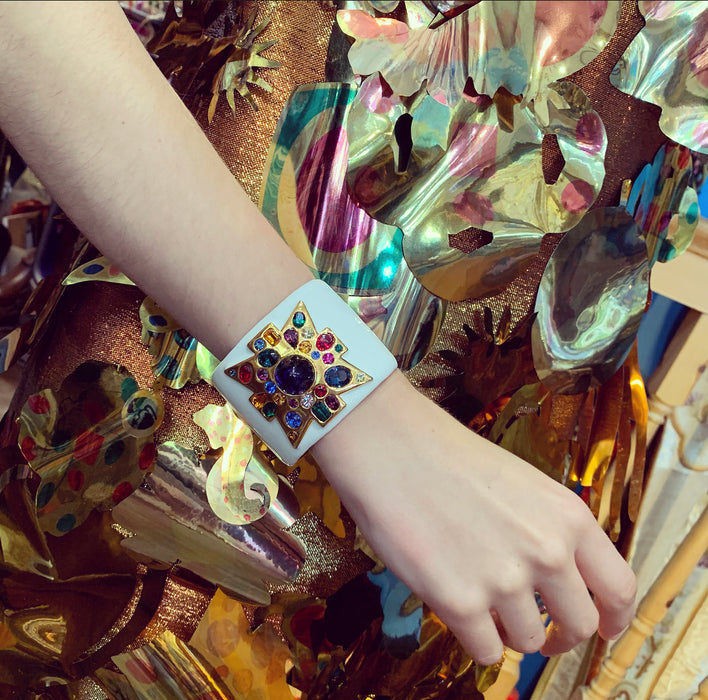 Kenneth Jay Lane Jewelled Cross White Enamel Cuff Bracelet - The Hirst Collection
