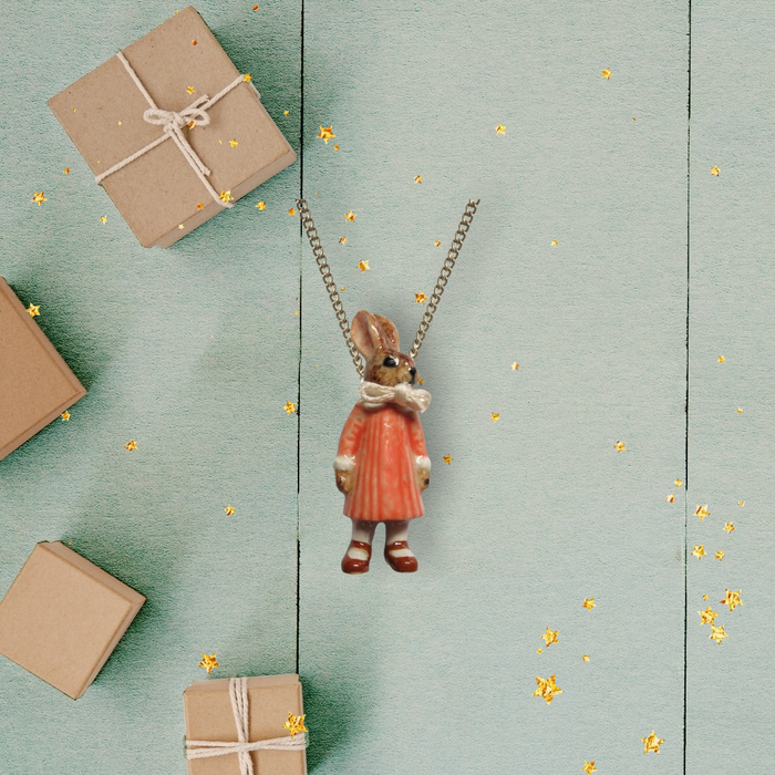 Bunny Girl in a Pink Dress Brown Rabbit Pendant by And Mary