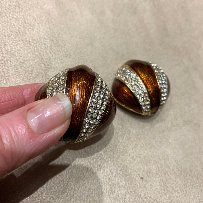Ciner Vintage Art Deco Earrings Gold / Brown enamel Clip On - The Hirst Collection
