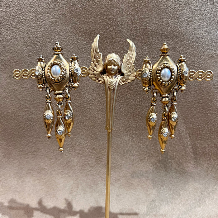 Pearl and Gold Chandelier Statement Earrings by Abbey Road