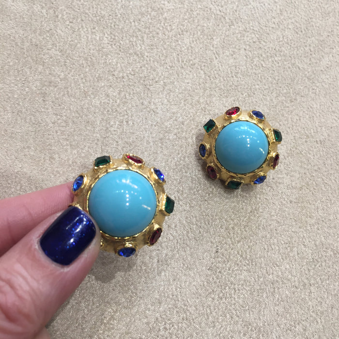 Vintage round multi colour turquoise clip on earrings - The Hirst Collection