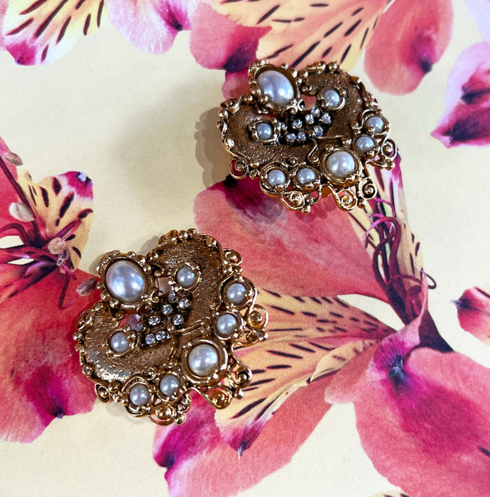 Abbey Road Gold, Pearl and Crystal Statement Clip On Earrings